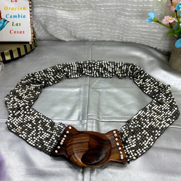 (H) Women's Vintage Beaded Elastic Belt with Wooden Buckle,Retro Style,Plus Size - Picture 1 of 10
